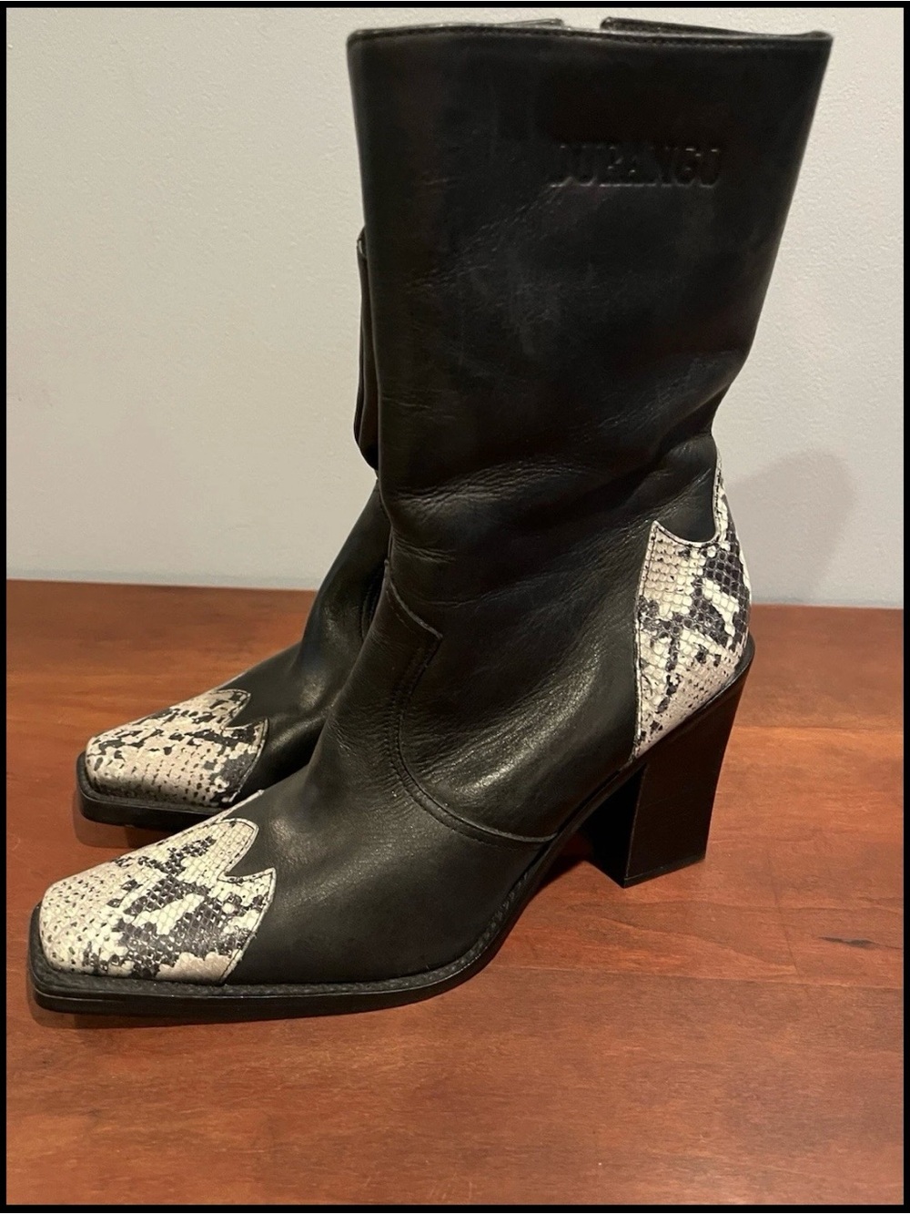 Durango Leather Cowboy Boots Square Toe Side Zipper Snake Skin Accent Sz9.5 REA